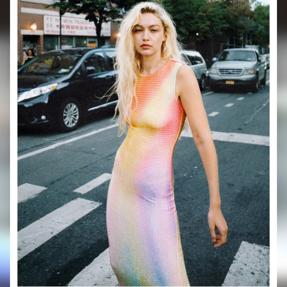 Self-Portrait Rainbow Hotfix Rhinestone Mesh Midi Dress